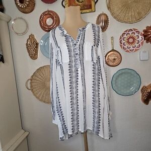 En Creme White and Navy Boho High Low Patterned Mini Dress